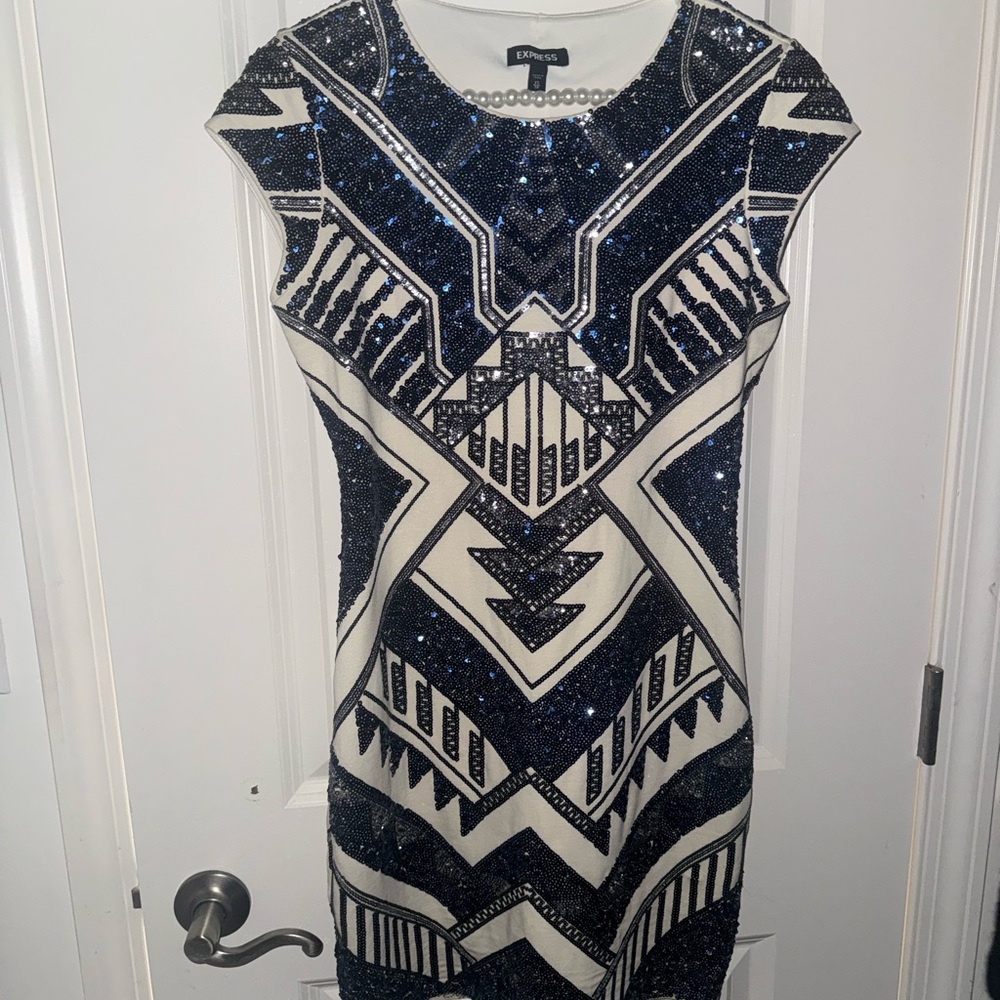 Express Black and White Geometric Sequin Mini Dress